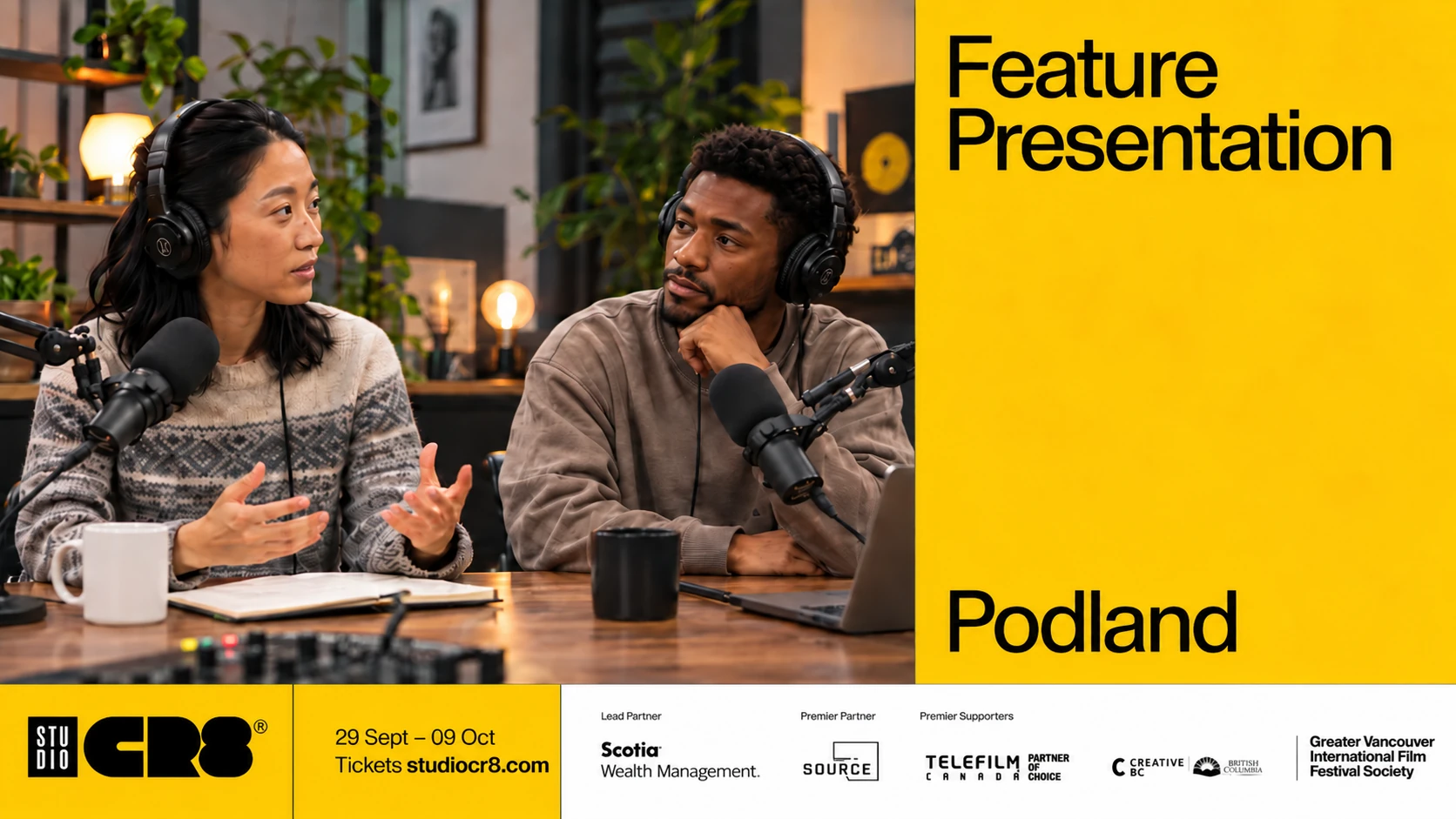 Podland feature presentation poster for Studio CR8, with two podcast guests, event details, and partner logos